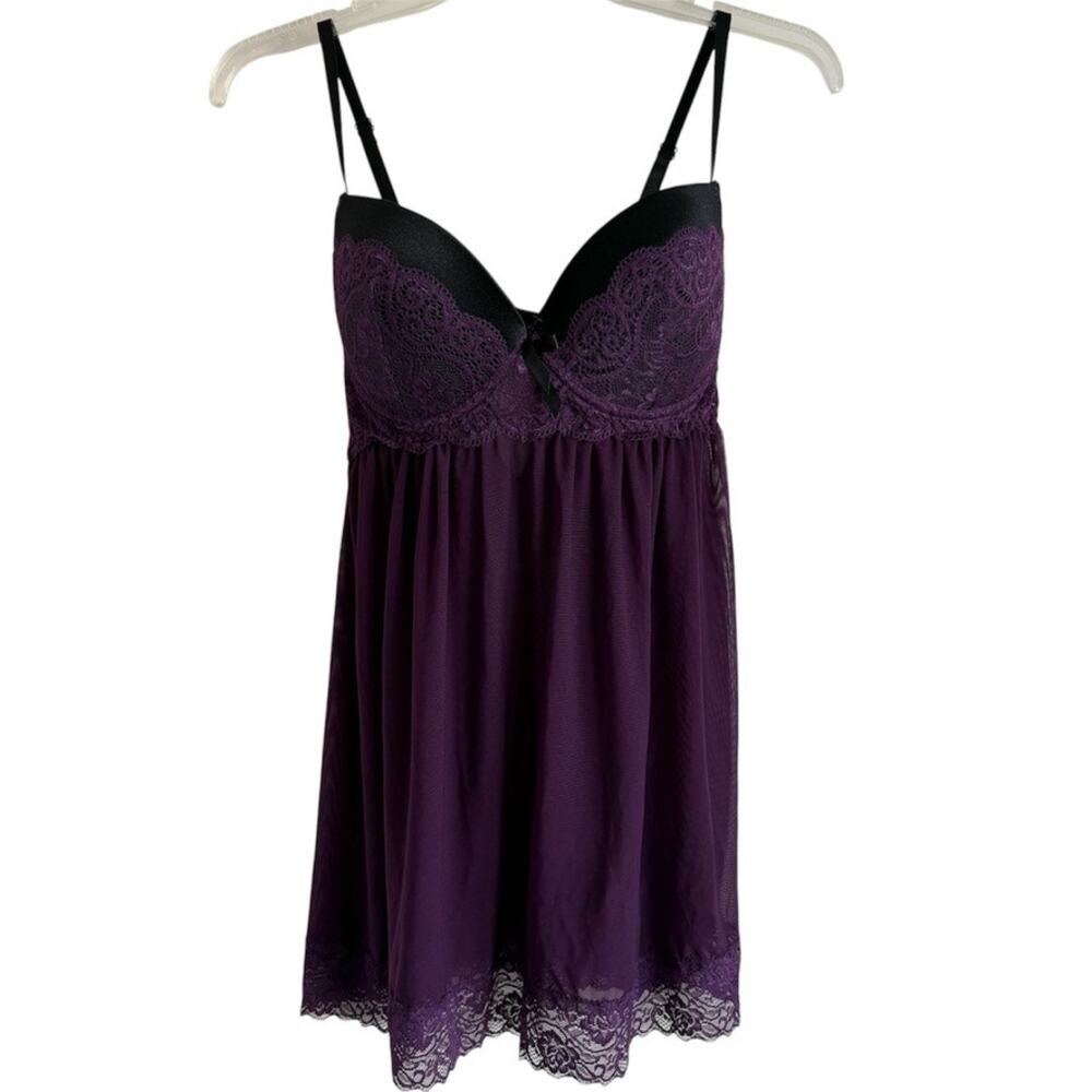 Dreamgirl Purple & Black Lace & Mesh Babydoll Lingerie Matching Thong Sz L NWOT
